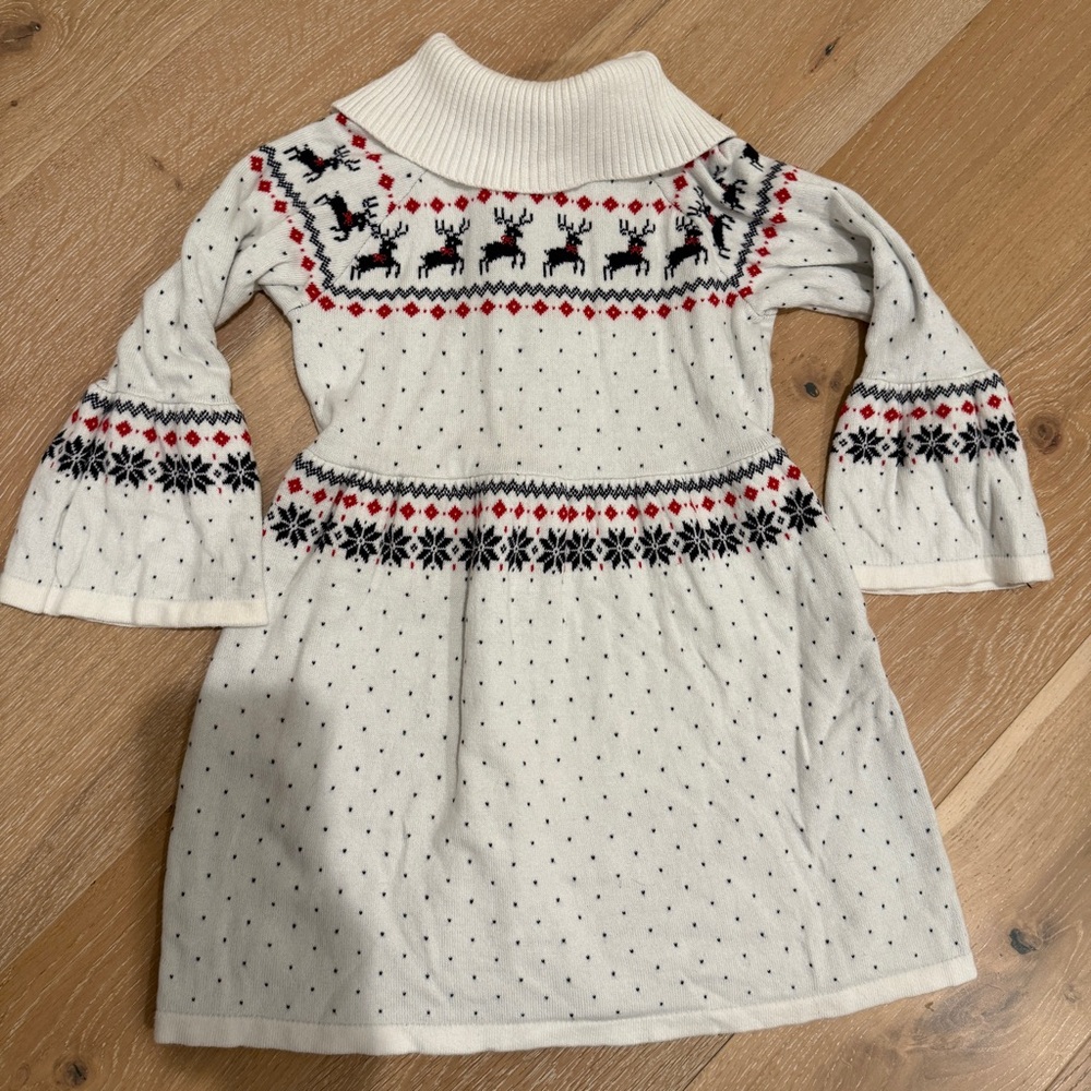 Janie and Jack Cream Dress with Black and Red Reindeer Pattern